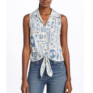 Calypso St. Barth Blue White Print Linen Tie Front Blouse Shirt Size L